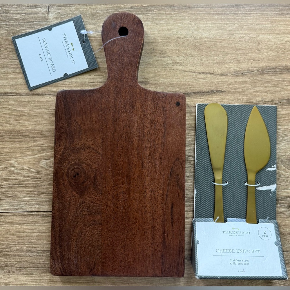 Threshold Serving Board Acacia Brown Wood & Stainless Steel Cheese Knife Set NWT